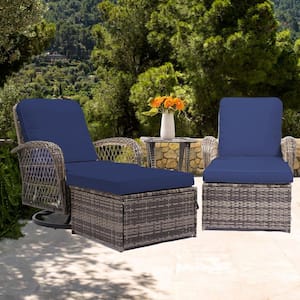 5-Piece Navy Patio Wicker Bistro Outdoor Conversation Set with Swivel Rocking Chairs, Side Table and 2 Ottomans