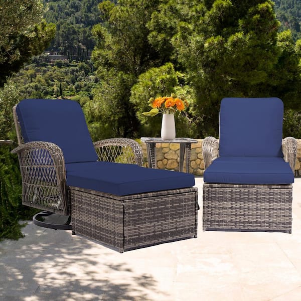 JEAREY 5-Piece Navy Patio Wicker Bistro Outdoor Conversation Set with Swivel Rocking Chairs, Side Table and 2 Ottomans