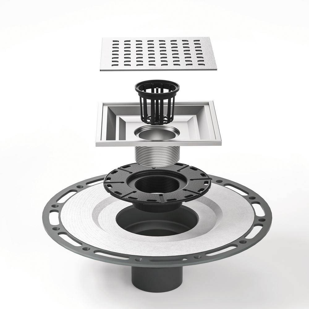 6" Square Brushed Stainless Steel Shower Drain with PVC Flange