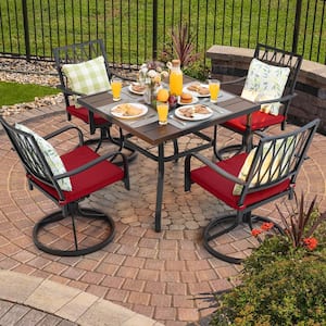 Black 5-Piece Metal Square Outdoor Dining Set with Cushion Patio Furniture Set with Swivel Chair