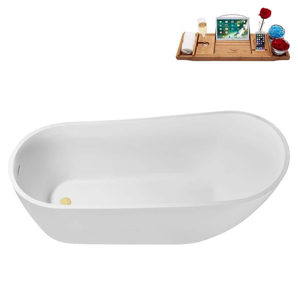 67" Glossy White Acrylic Freestanding Soaking Tub with Polished Brass Drain and Bamboo Tray