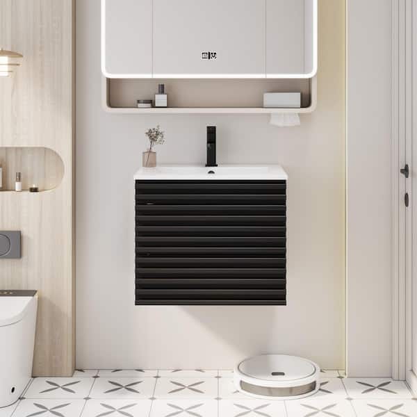 24 in. W x 18.3 in. D x 19.7 in. H Floating 1-Sink Bath Vanity in Black with White Ceramic Top and Drain Faucet Set