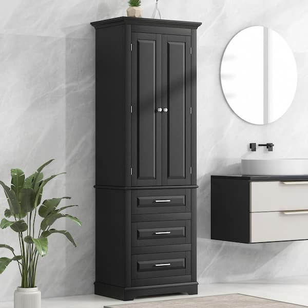 Tenleaf 24 in. W x 16 in. D x 70 in. H Black MDF Freestanding Linen Cabinet with Doors and Drawers, Adjustable Shelf