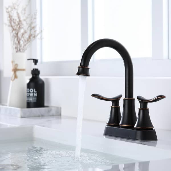 Staykiwi 4 in. Centerset Double Handle Mid Arc Bathroom Faucet with Drain Kit Included in Oil Rubbed Bronze