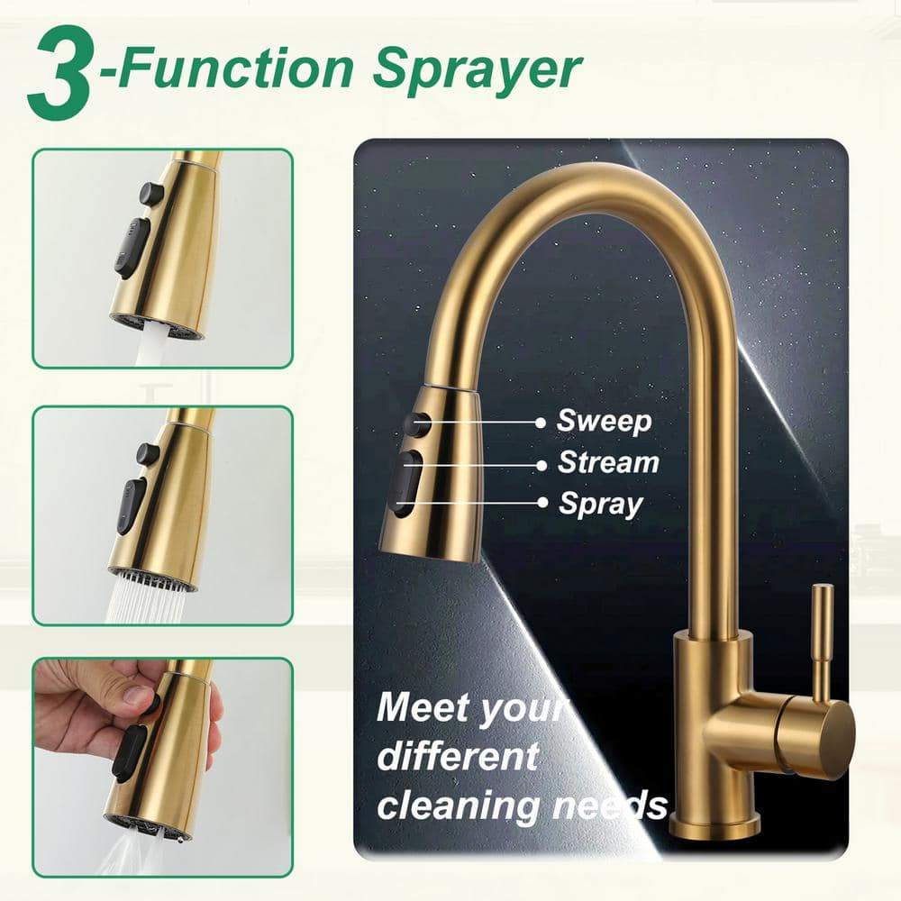 Brushed Gold Stainless Steel Pull-Down Kitchen Faucet with Deckplate