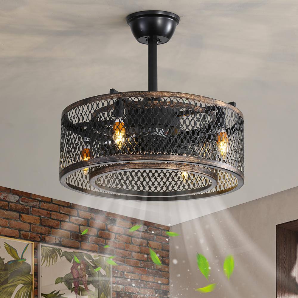 20" Black Steel Caged Ceiling Fan with Warm Lighting and Remote Control
