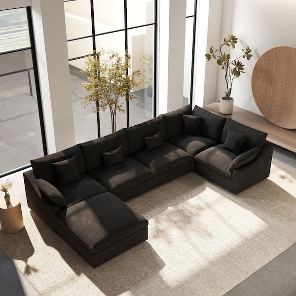 Modular Large 238 in. Flared Arm 6-Piece L-shaped Linen Cloud Couch Sectional Sofa in. Black with Ottoman
