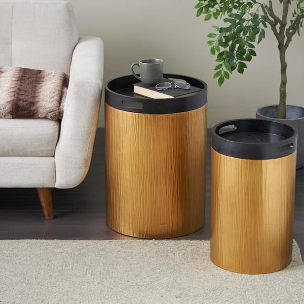 Litton Lane 16 in. Gold Nesting Round Metal Coffee Table with Black Tray Tabletops (2-Pieces)