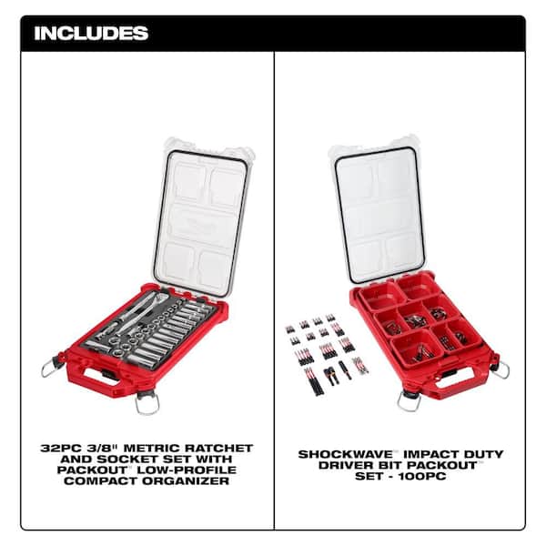 3/8 in. Drive Metric Ratchet and Socket Mechanics Tool Set and SHOCKWAVE Driver Bit Set with PACKOUT Cases (132-Piece)