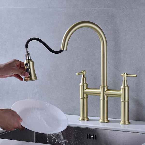 FLG Double Handle Bridge Kitchen Faucet with Pull Down Sprayer Brass 8 in.  3 Holes Kitchen Sink Faucets in Brushed Gold DD-0030-BG - The Home Depot