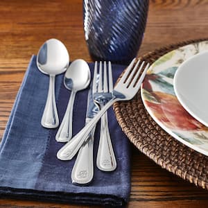 Beaded Monogrammed Letter R 46-Piece Silver Stainless Steel Flatware Set (Service for 8)