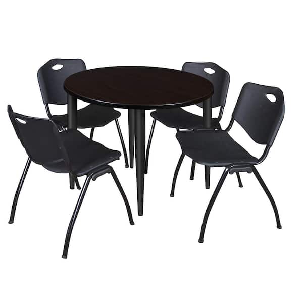 Regency Trueno 36 in. Round Mocha Walnut and Black Wood Breakroom Table and 4-Black 'M' Stack Chairs (Seats-4)