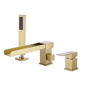Single-Handle Waterfall Deck-Mount Roman Tub Faucet with Hand Shower Modern 3-Hole Brass Tub Fillers in Brushed Gold