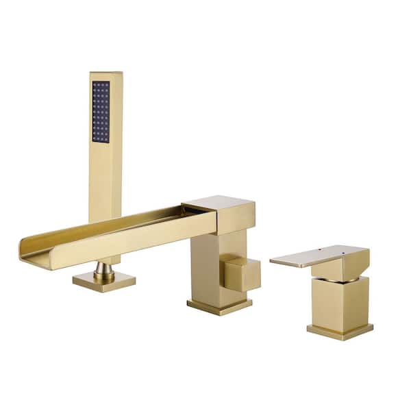 AIMADI Single-Handle Waterfall Deck-Mount Roman Tub Faucet with Hand Shower Modern 3-Hole Brass Tub Fillers in Brushed Gold