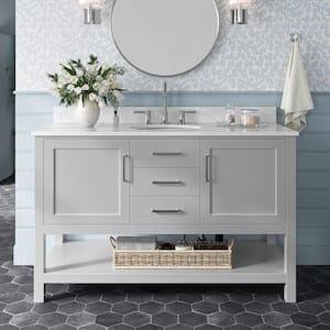 Bayhill 55 in. W x 22 in. D x 35.25 in. H Freestanding Bath Vanity in Grey with Carrara White Marble Top