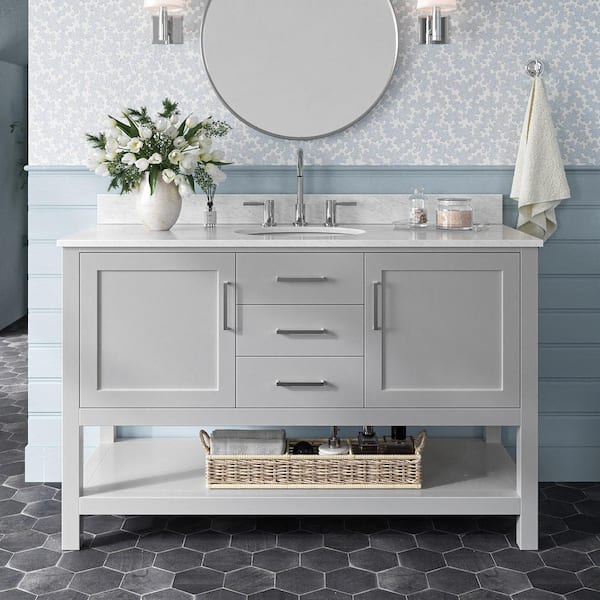 ARIEL Bayhill 55 in. W x 22 in. D x 35.25 in. H Freestanding Bath Vanity in Grey with Carrara White Marble Top