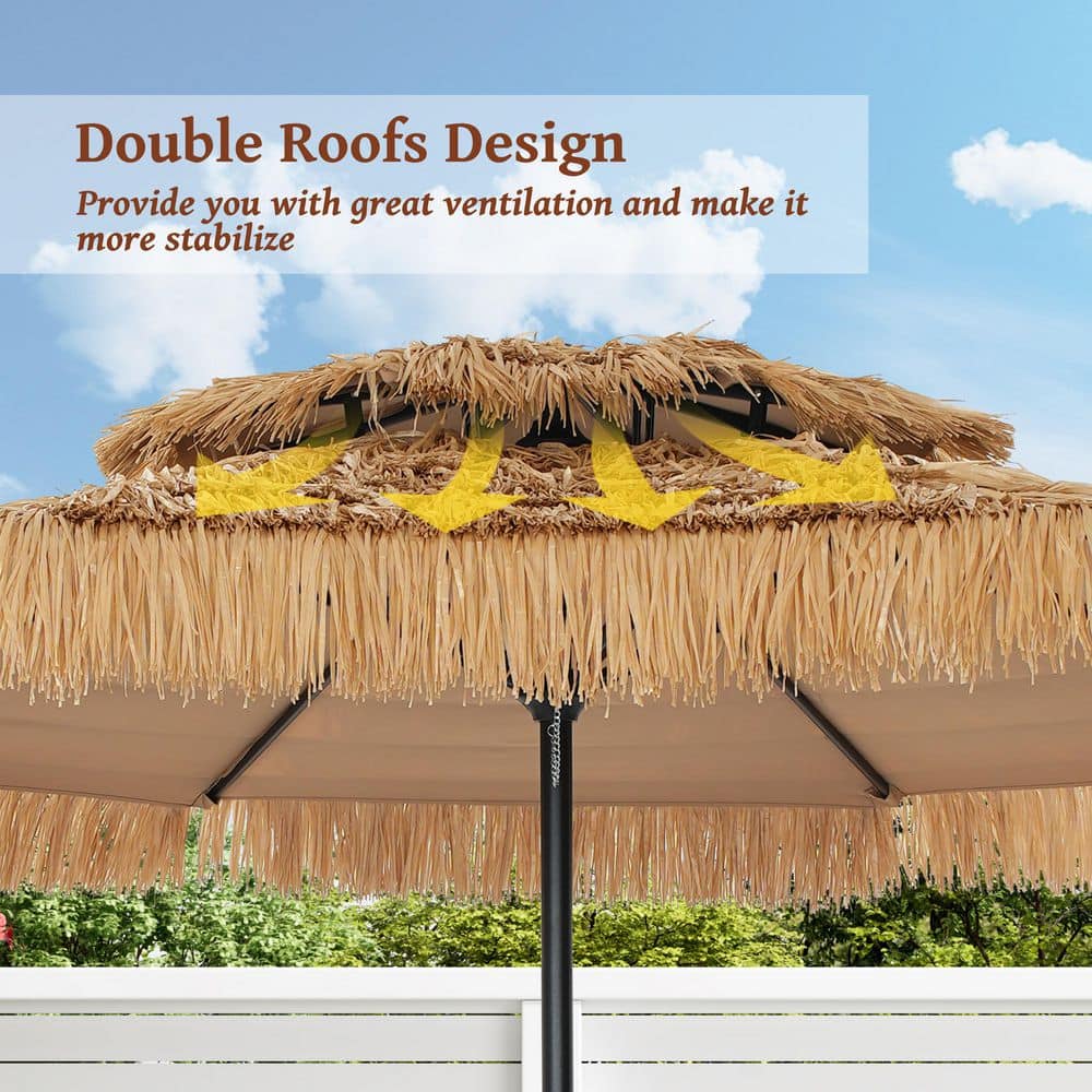 Natural 9 ft. Thatched Tiki Beach Umbrella with Black Steel Pole
