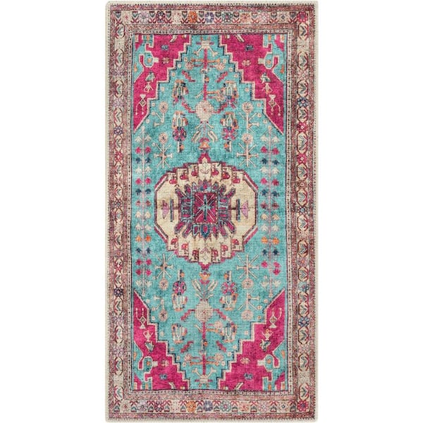 Lotus Shasta Blush Turquoise Vintage Bohemian Medallion 2 ft. x 3 ft. 11 in. Machine Washable Accent Rug