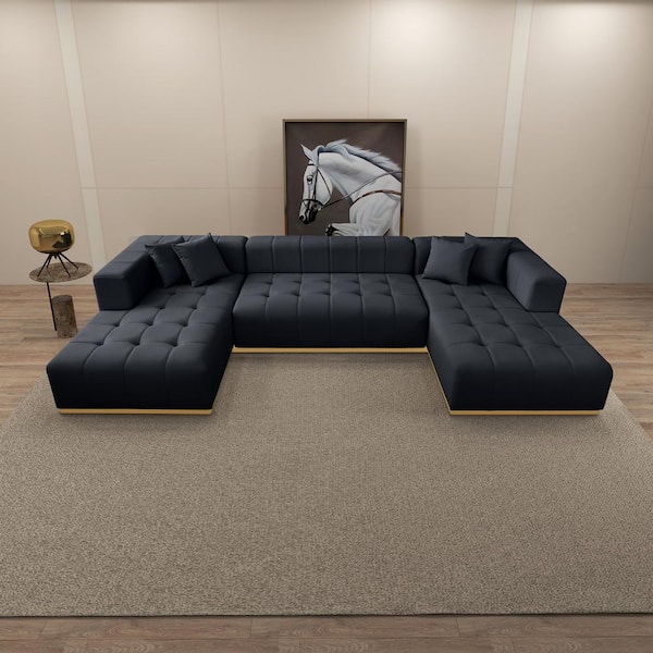 Audrey 145.7 in. Square Arm 3-Piece Modern U-Shaped Velvet Sectional Sofa in Black