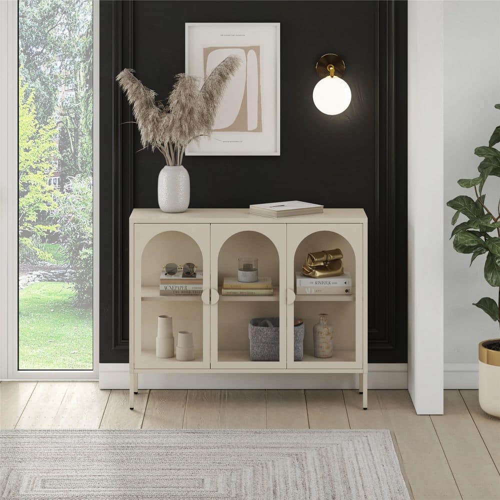 Parchment Steel Accent Cabinet with Adjustable Shelving and Glass Doors