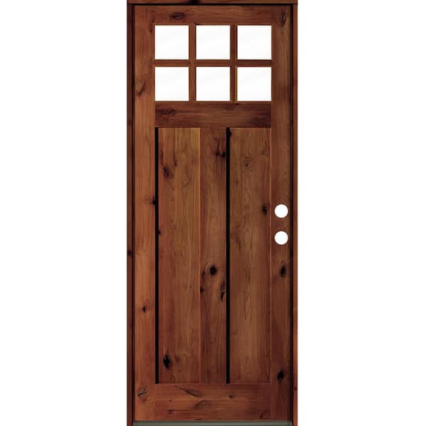 Krosswood Doors 36 in. x 96 in. Craftsman Knotty Alder Clear Low-E 6-Lite Red Chestnut Stain Wood Left Hand Single Prehung Front Door