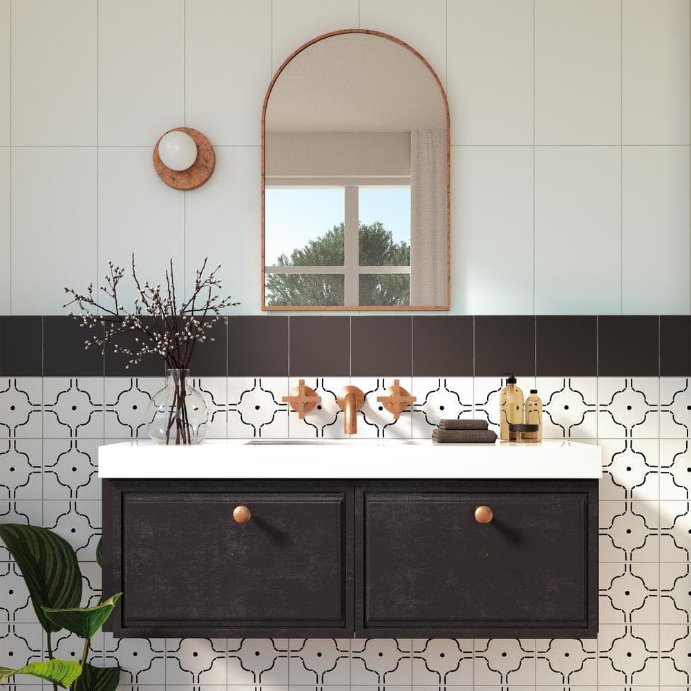 Kenzo 8" x 8" White and Black Porcelain Patterned Tile