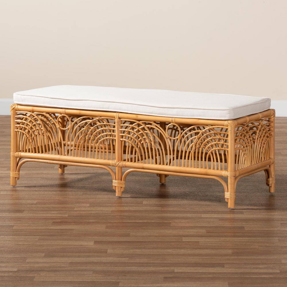 Materra Natural Brown Rattan Bench with Plush White Cushion