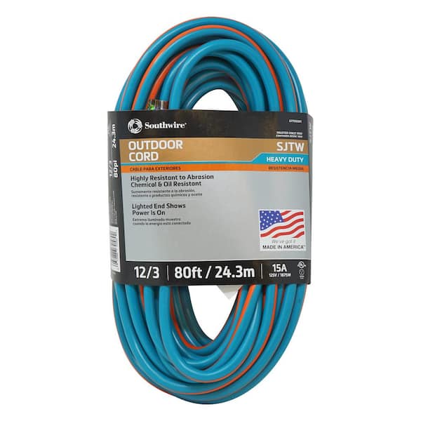 Southwire 80 ft. 12/3 SJTW Outdoor Heavy-Duty Extension Cord with Power Light Plug, Teal/Orange