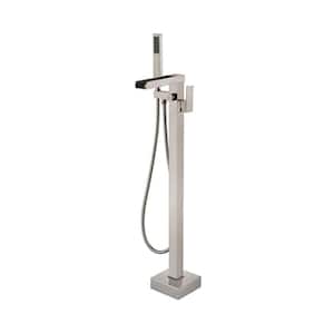 1-Handle Free Standing Floor Mount Tub Faucet Bathtub Filler with Hand Shower in Brushed Nickel