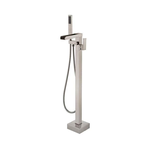 Unbranded 1-Handle Free Standing Floor Mount Tub Faucet Bathtub Filler with Hand Shower in Brushed Nickel