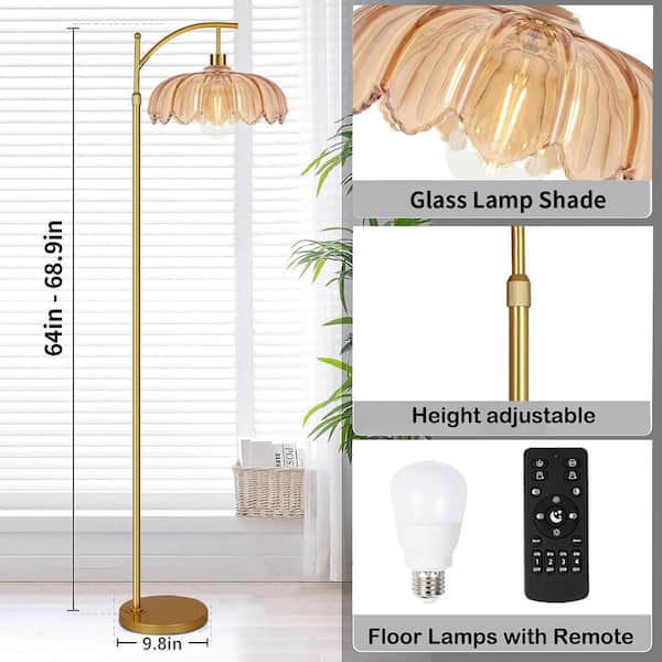69-inch Gold Metal Retro Dimmable Yellow Shade Curved LED Floor