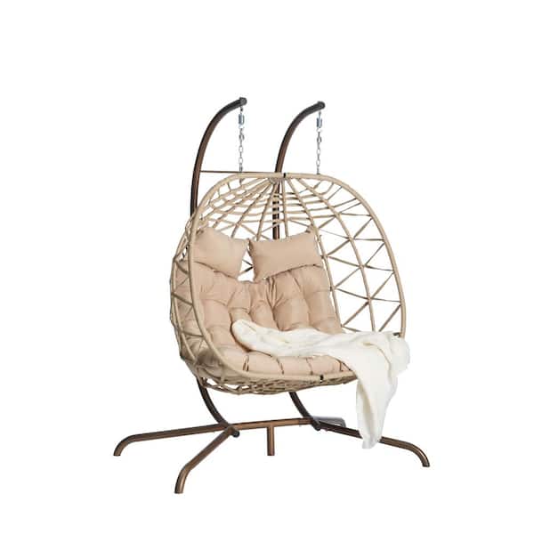 ITOPFOX 2-Person Light Yellow Outdoor Rattan Metal Porch Swing Hanging Chair Patio Wicker Egg Chair with Khaki Cushion