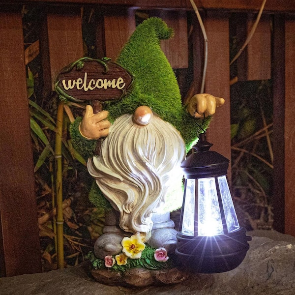 MUMTOP 11.8in Integrated LED Solar Powered Bearded Green hat Grassy Gnome with Grass Finish