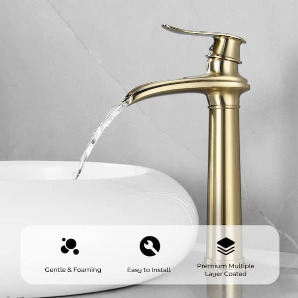 Single Handle Single Hole Bathroom Vessel Sink Faucet, Waterfall Bathroom Sink Faucet with Pop-Up Drain in Brushed Gold