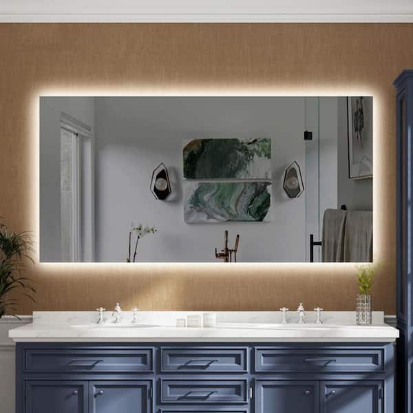WELLFOR KIRAN 72 in. W x 36 in. H Rectangular Frameless Anti-Fog LED strip Backlit Wall Bathroom Vanity Mirror in Silver