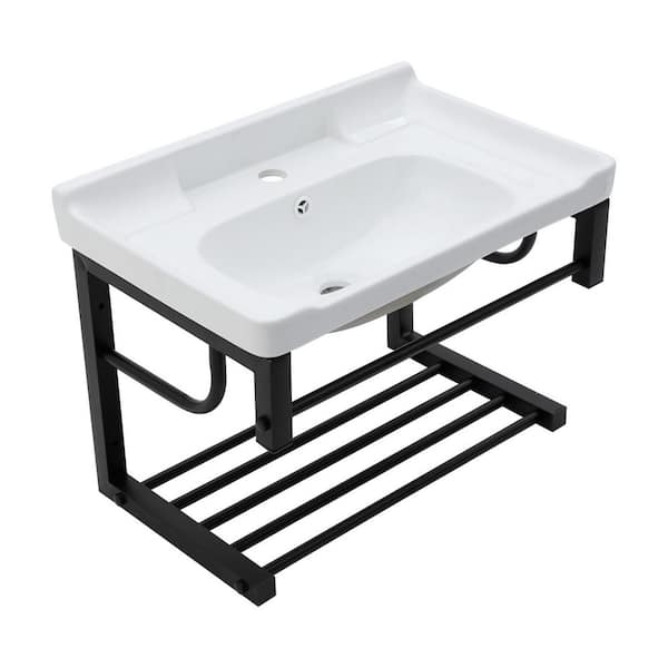 cadeninc 23.75 in. x 15.75 in. x 8.75 in. White Wall-Mounted Rectangular Ceramic Bathroom Sink with Black Towel Bar and Overflow
