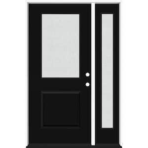 Legacy 53 in. x 80 in. 1/2 Lite Rain Glass LHIS Primed Black Finish Fiberglass Prehung Front Door w/14 in. SL