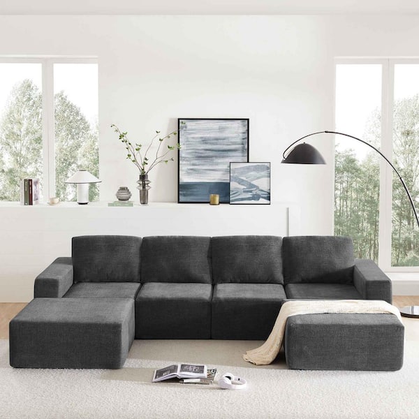 Polibi 110 in. Square Arm Polyester U-Shaped Sofa, Sofa Bed in Dark Gray