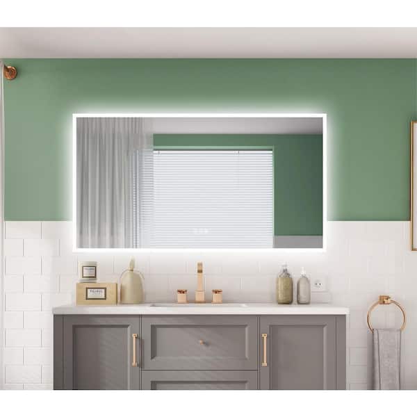 ANGELES HOME 55 in. W x 30 in. H Rectangular Acrylic Framed Wall Anti Fog Dimmable LED Bathroom Vanity Mirror with Lights in White