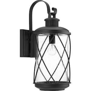 Hollingsworth Collection 1-Light Textured Black Clear Seeded Glass Farmhouse Outdoor Large Wall Lantern Light