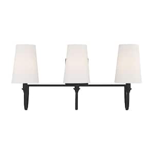 Cameron 24 in. W x 12 in. H 3-Light Matte Black Bathroom Vanity Light with White Fabric Shades