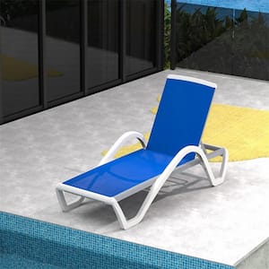 Adjustable White Frame 1-Piece Metal Outdoor Chaise Lounge with Arm in Blue