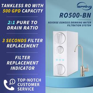 Tankless Reverse Osmosis Water Filtration System, 500 GPD, Brushed Nickel Faucet, 2:1 Pure to Drain Ratio