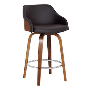 Alec 30 in. Brown/Walnut Wood Swivel Bar Stool with Faux Leather Seat