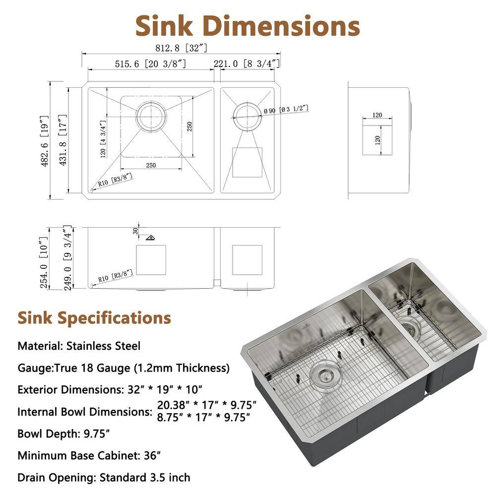 32" Satin Stainless Steel Undermount Double Bowl Kitchen Sink with Faucet