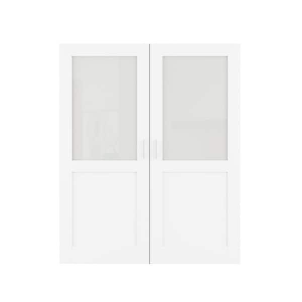 64 in. x 80 in. 1/2-Lite Frosted Glass White Solid Core Finished Glass French Door Panels Bi-Fold Door with Ball Catch