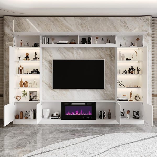 114.2 in. W Freestanding Electric Fireplace TV Stand White Entertainment Center W/ Remote Control, Fits TV up to 75 in.