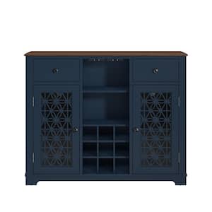 Symmetrical Elegance 47 in. Cyan Blue Wine Cabinet With Glass Doors Feature a Silk-Screened Pattern Design