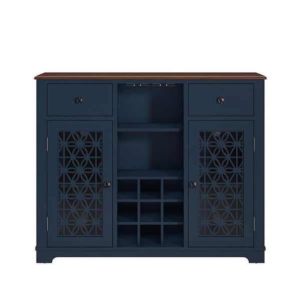 FESTIVO Symmetrical Elegance 47 in. Cyan Blue Wine Cabinet With Glass Doors Feature a Silk-Screened Pattern Design