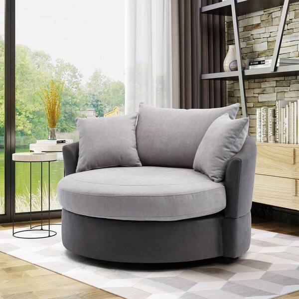 HOMEFUN Gray Mix Beige Swivel Micro Linen Fabric Upholstered Barrel Living Room Chair With 3-Pillows
